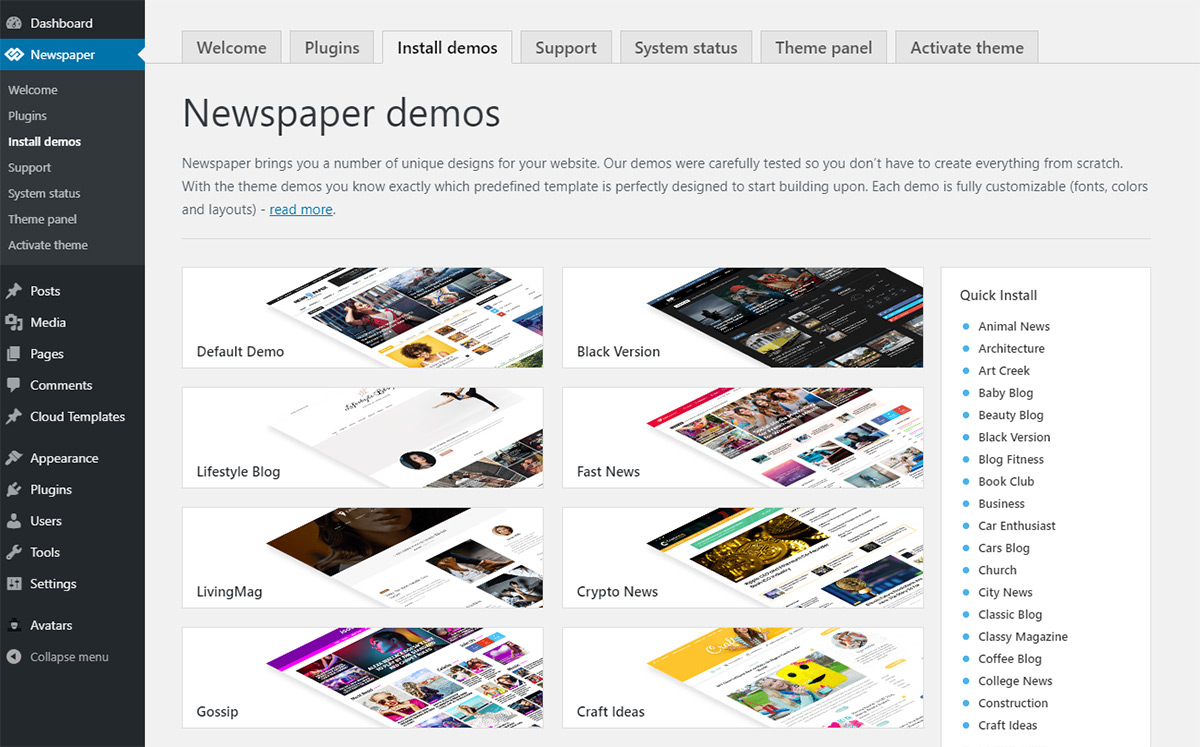 Newspaper WordPress Theme: Installing Demos