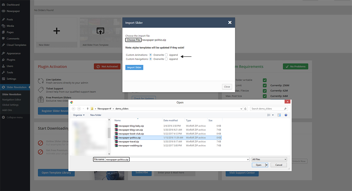 Revolution Slider plugin with Newspaper Theme: Importing Sliders