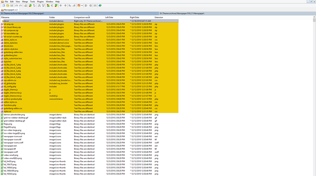 compare theme files